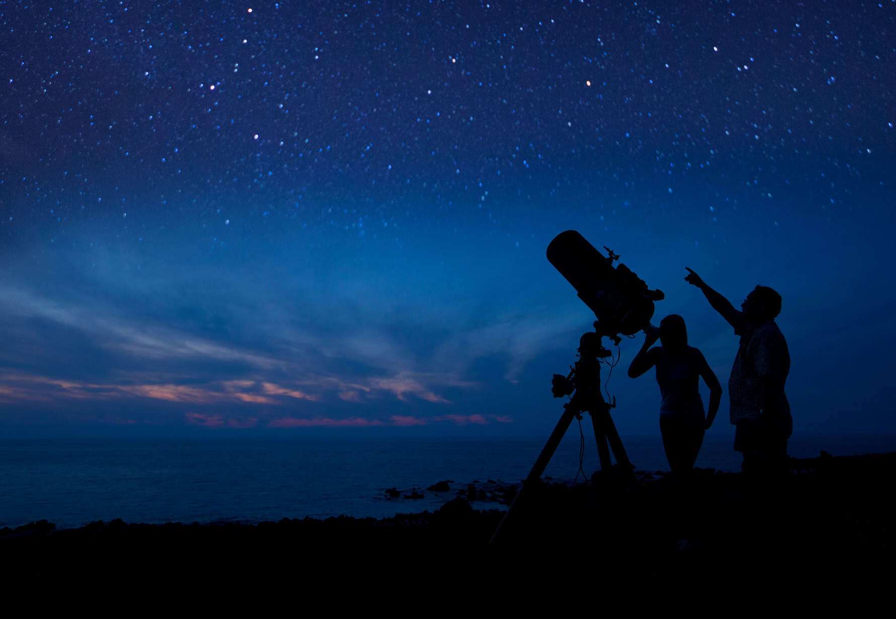 A shadow of a telescope and people looking at a bright night sky with stars