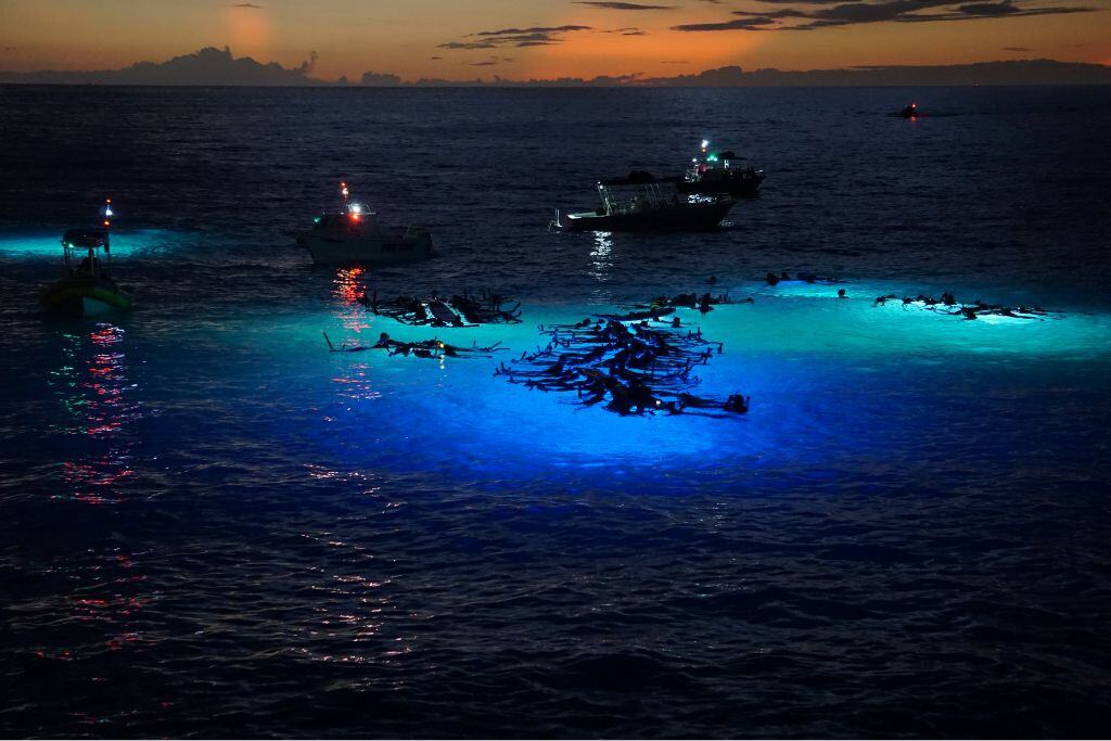 A group of people snorkeling at night with a plank lit up