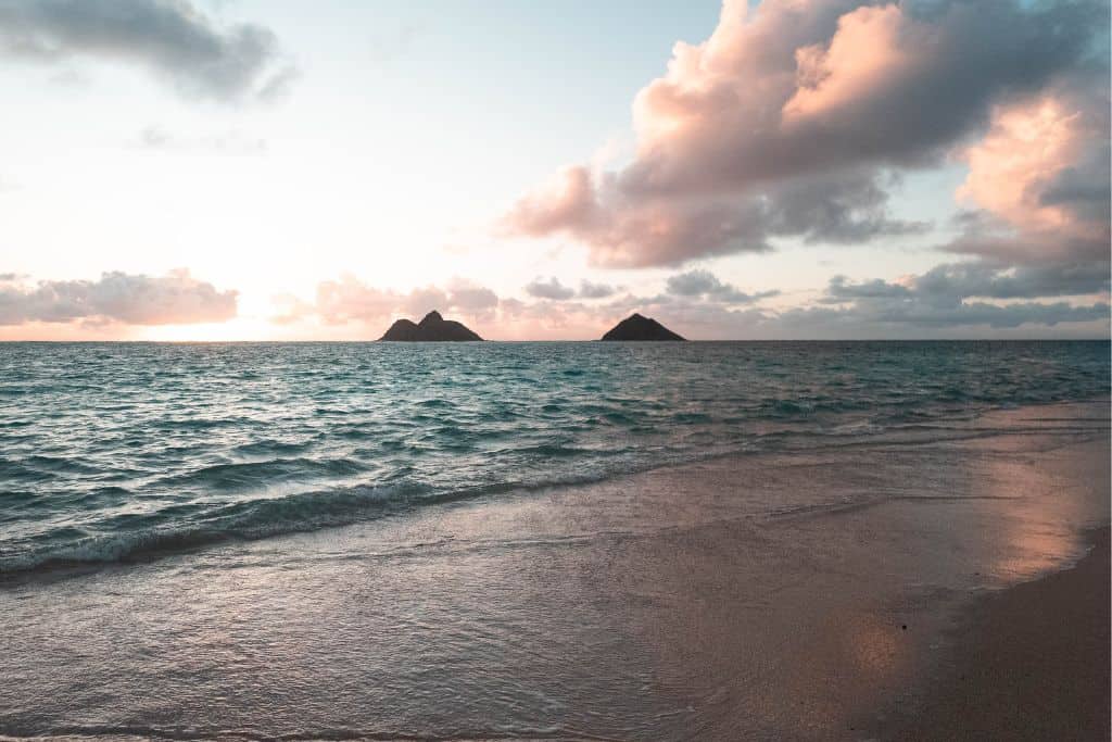 The Mokes islands during sunrise off of Lanikai beach in Oahu.