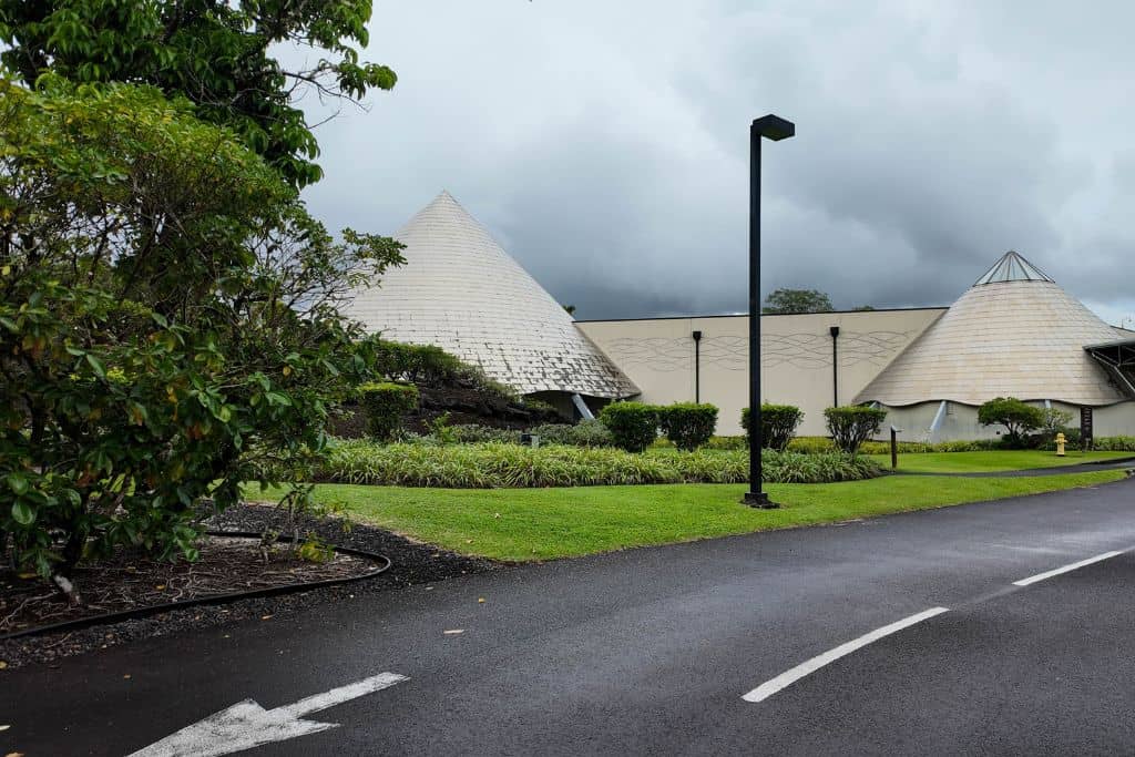 The Imiloa Astronomy Center in Hilo, Hawaii on a rainy day.