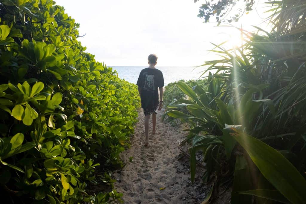A boy in a black tee shirt walking towards the beach down a sandy pathway surrounded by tropical plants.