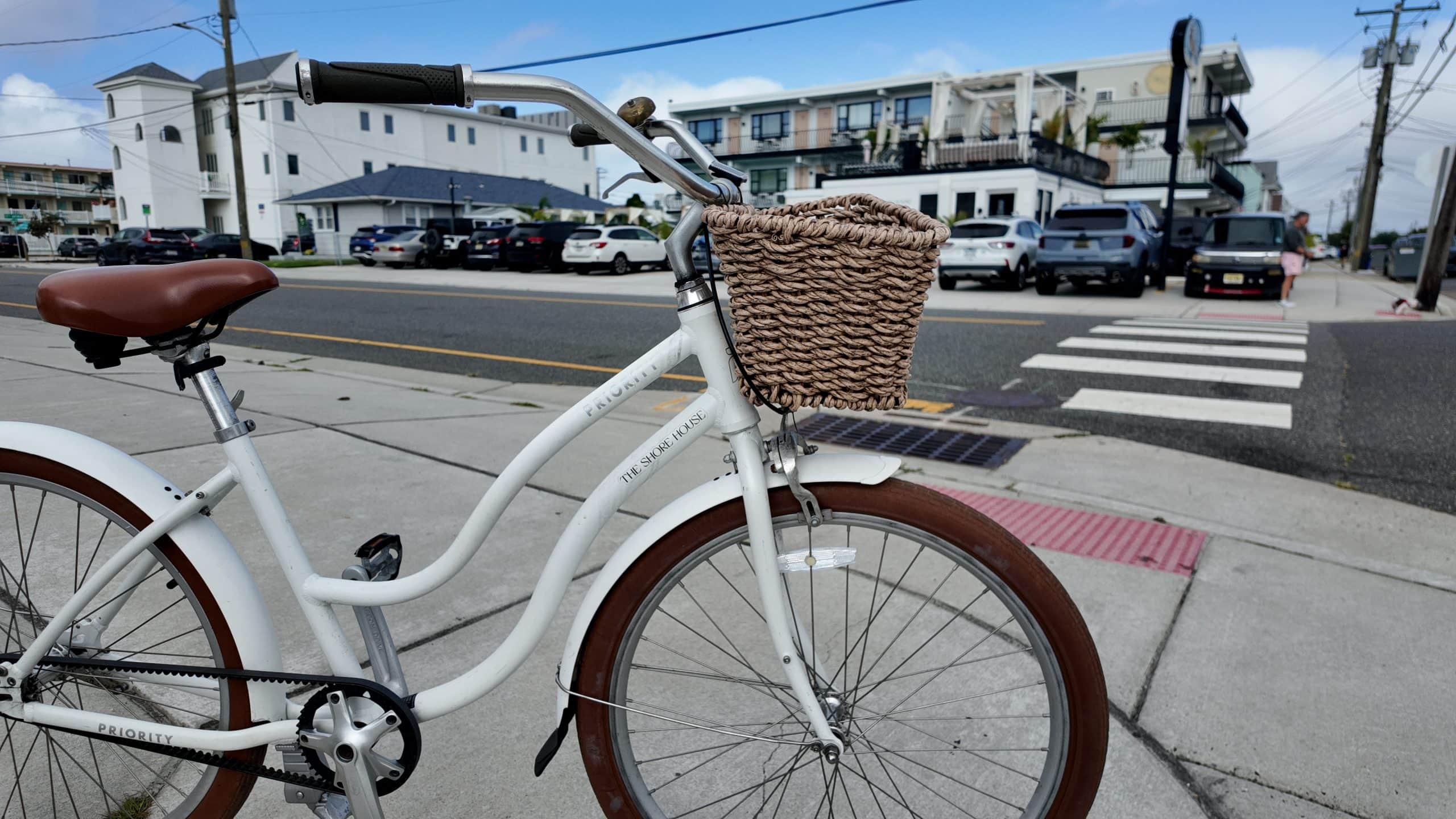 A complimentary white beach cruiser bike for guest use at The Shore House Wildwood NJ