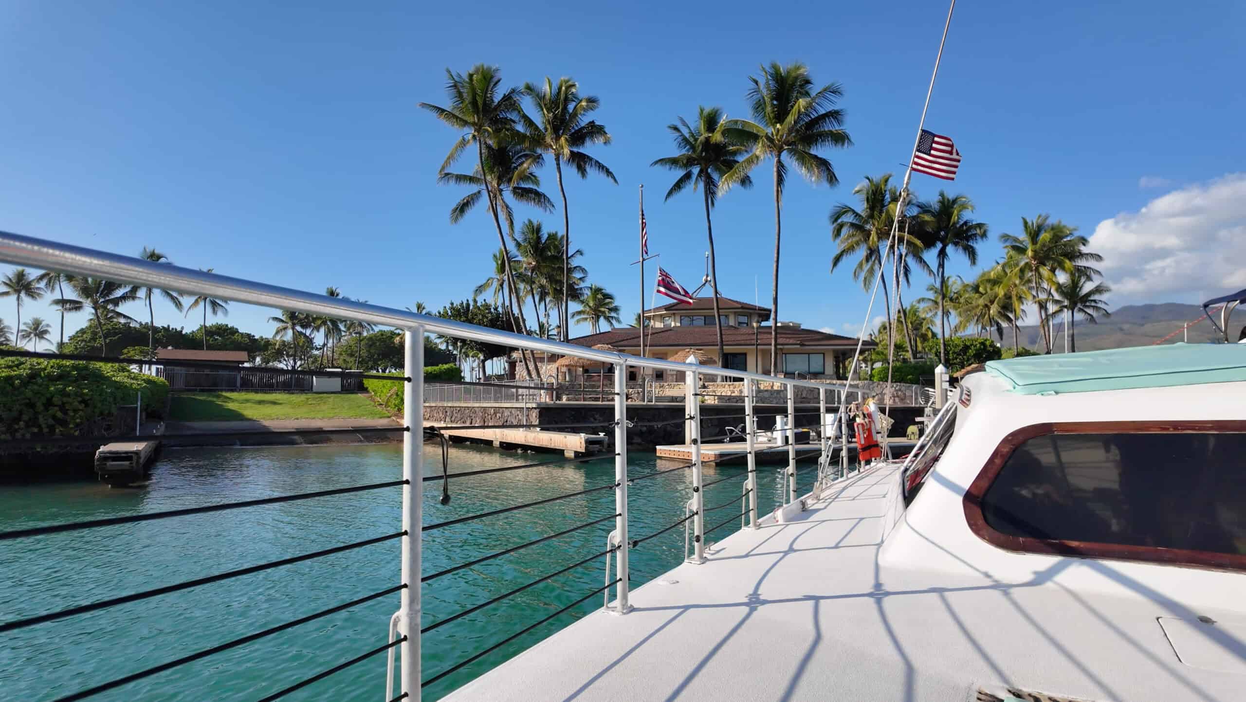 A view of a tropical marina with palm trees from the end of a boat.
